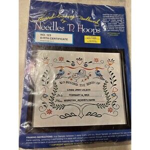 Vtg Needles N Hoops No 123 Birth Certificate 14x17 Embroidery